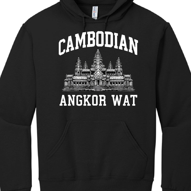 Black hoodie with white text and Angkor Wat design on a white background