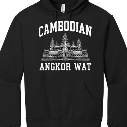 Black hoodie with white text and Angkor Wat design on a white background