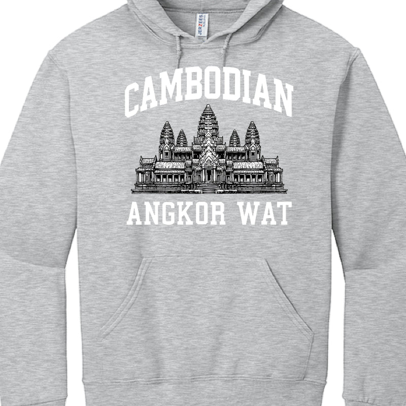 Gray hoodie with Angkor Wat design and 'Cambodian' text on a white background