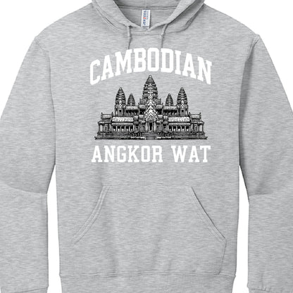 Gray hoodie with Angkor Wat design and 'Cambodian' text on a white background