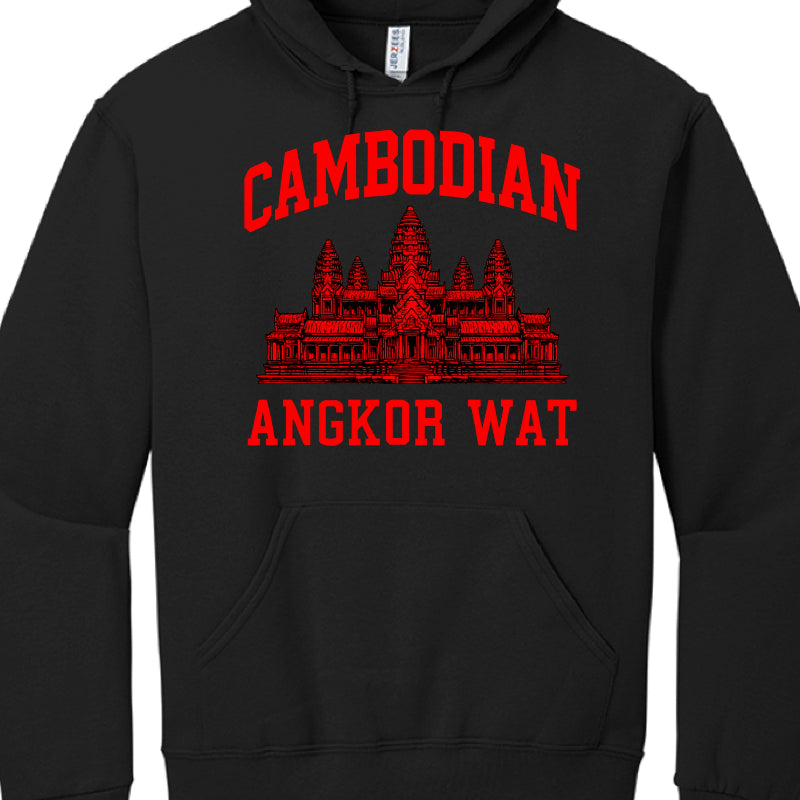 These images showcase two variations of a black pullover hoodie featuring a graphic tribute to Cambodia. Both garments are identical in style but differ in the color of the printed design.

Shared Design Features
Garment Type: A standard long-sleeve black hoodie with a drawstring hood and a front kangaroo pocket.

Branding: A white "JERZEES" brand tag is visible inside the neckline of both hoodies.

Central Graphic: Both feature a detailed line-art illustration of Angkor Wat, the famous Cambodian temple com