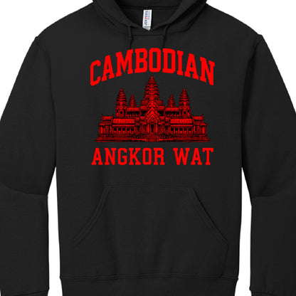 These images showcase two variations of a black pullover hoodie featuring a graphic tribute to Cambodia. Both garments are identical in style but differ in the color of the printed design.

Shared Design Features
Garment Type: A standard long-sleeve black hoodie with a drawstring hood and a front kangaroo pocket.

Branding: A white "JERZEES" brand tag is visible inside the neckline of both hoodies.

Central Graphic: Both feature a detailed line-art illustration of Angkor Wat, the famous Cambodian temple com