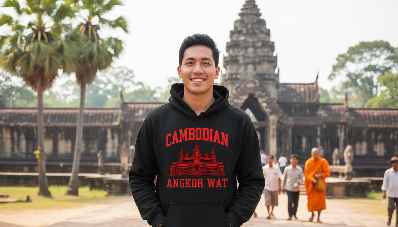 Person wearing a black hoodie with red text and graphics in front of Angkor Wat.