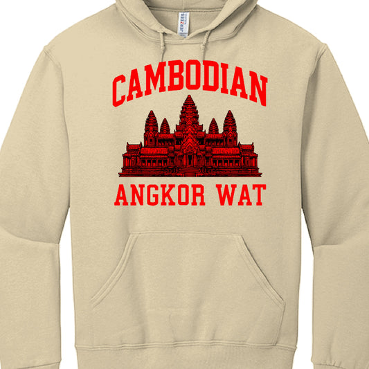 Beige hoodie with red Angkor Wat design and text on a white background