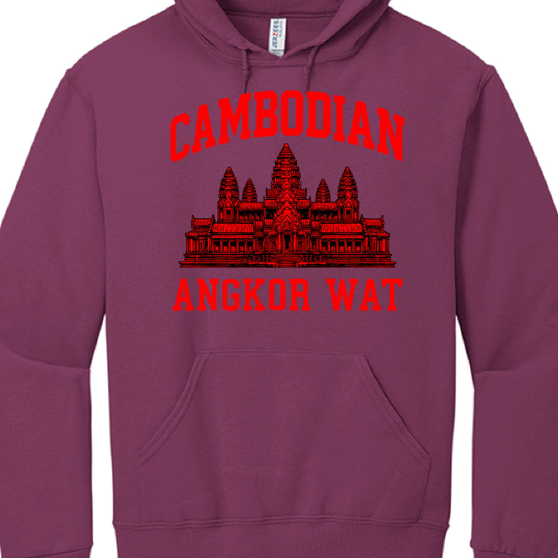 Purple hoodie with red Angkor Wat design and text on a white background