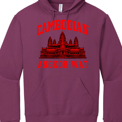 Purple hoodie with red Angkor Wat design and text on a white background
