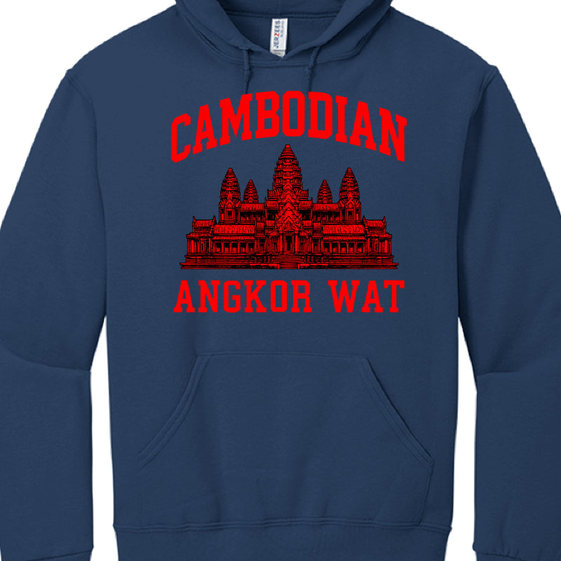 Navy blue hoodie with red Angkor Wat design and text on a white background
