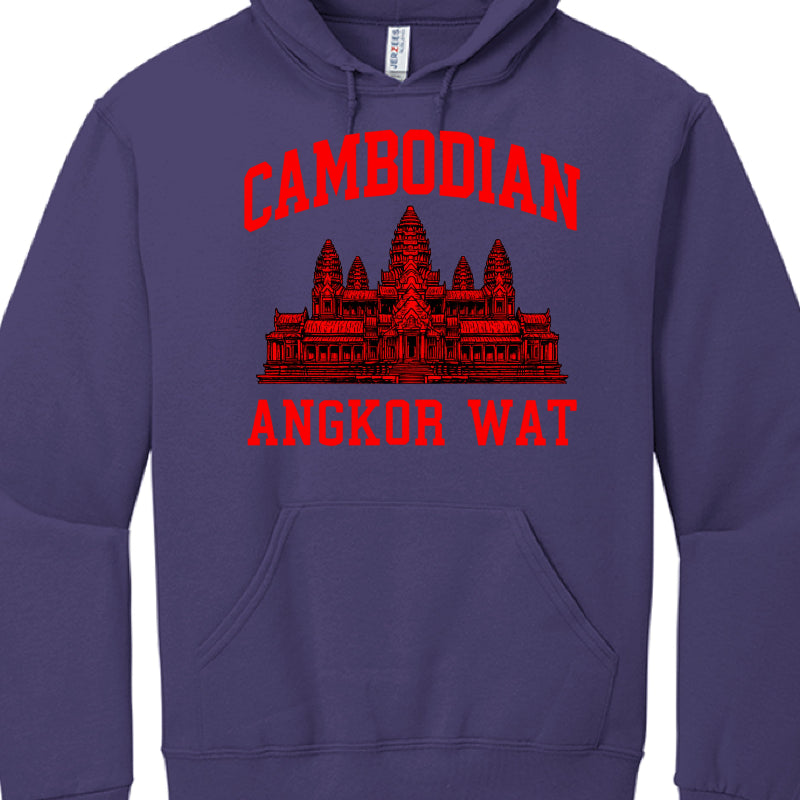 Purple hoodie with red Angkor Wat design and text on a white background