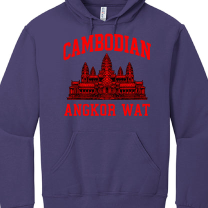 Purple hoodie with red Angkor Wat design and text on a white background