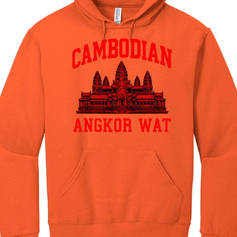 Orange hoodie with red Angkor Wat design and text on a white background