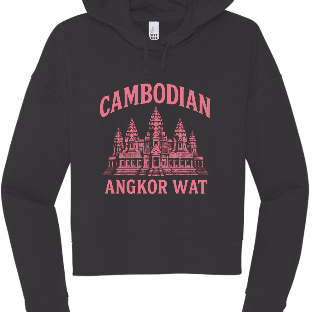 Black hoodie with pink Angkor Wat design on a white background