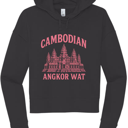 Black hoodie with pink Angkor Wat design on a white background