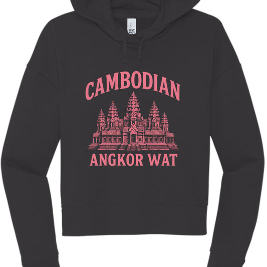 Black hoodie with pink Angkor Wat design on a white background