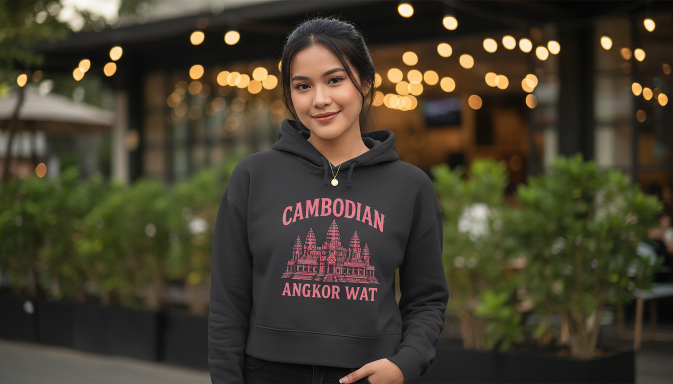 Person wearing a black hoodie with 'Cambodian Angkor Wat' text in an outdoor setting.