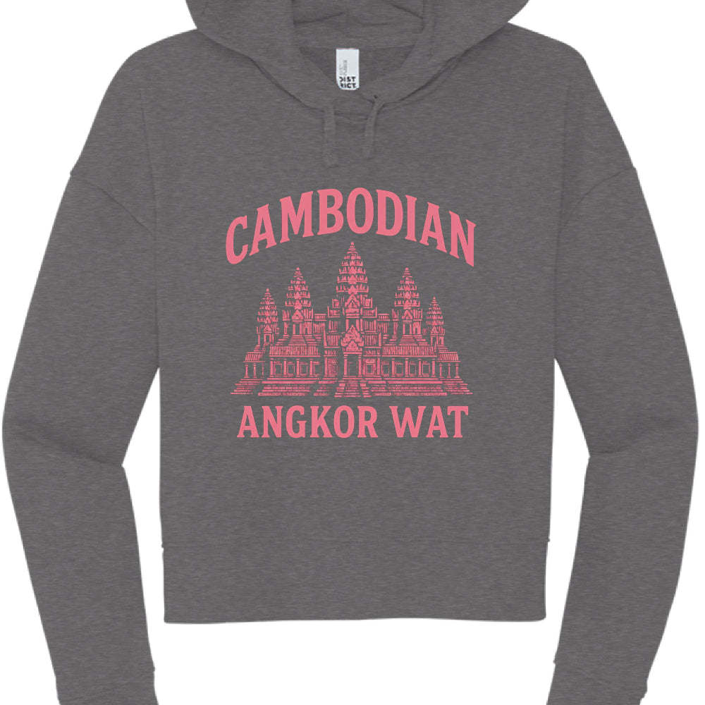 Gray hoodie with red 'Cambodian Angkor Wat' text and temple graphic on a white background
