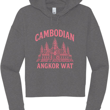 Gray hoodie with red 'Cambodian Angkor Wat' text and temple graphic on a white background