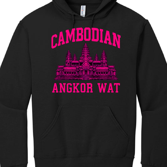 The provided image displays a black pullover hoodie featuring a vibrant graphic design.

Design Elements
Color Scheme: The design is printed in a bright neon pink color, which contrasts sharply against the black fabric of the hoodie.

Central Illustration: The middle of the chest features a detailed line-art depiction of Angkor Wat, showing the temple's distinct spires and architectural levels.

Typography:

The word "CAMBODIAN" is printed in an arched, block-style font above the temple illustration.

The w
