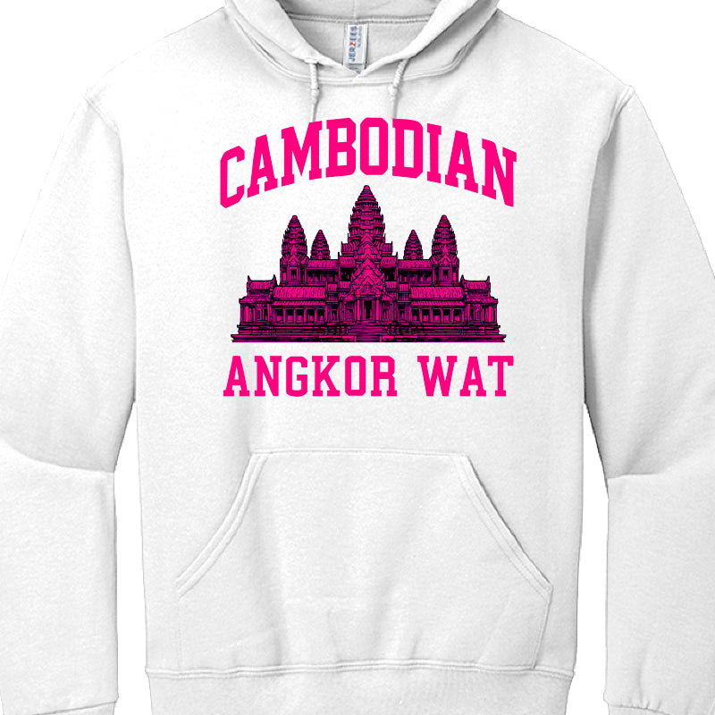 White hoodie with pink Angkor Wat design and text on a white background
