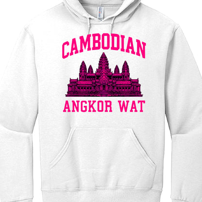 White hoodie with pink Angkor Wat design and text on a white background