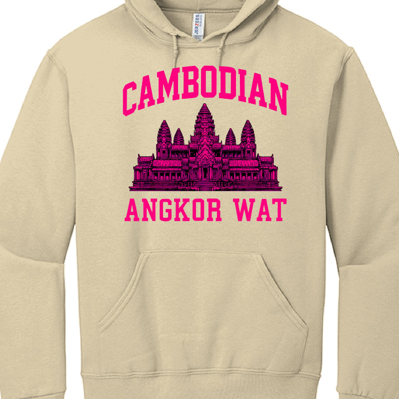 Beige hoodie with pink Angkor Wat design and text on a white background
