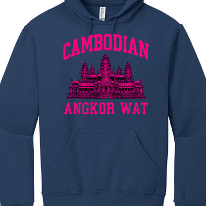 Navy blue hoodie with pink Angkor Wat design and text on a white background