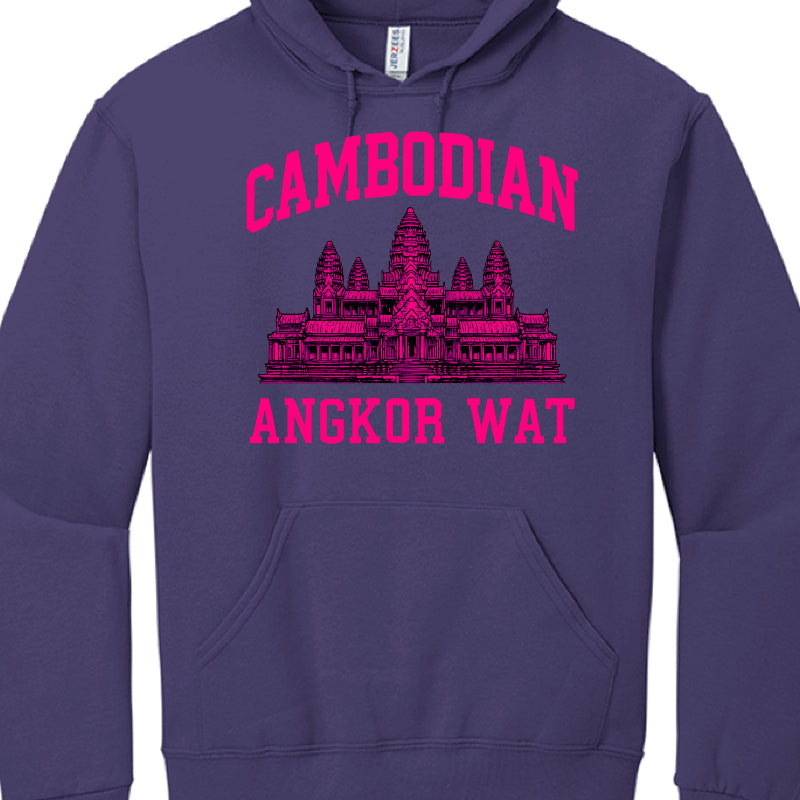 Purple hoodie with pink Angkor Wat design and text on a white background