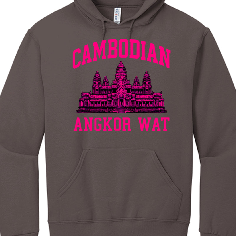 Gray hoodie with pink Angkor Wat design and text on a white background
