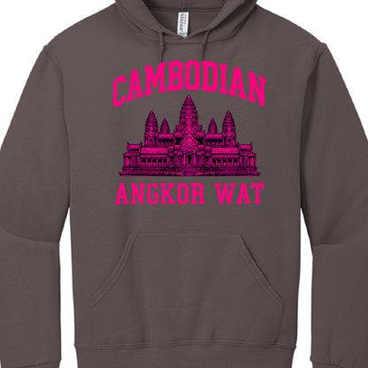 Gray hoodie with pink Angkor Wat design and text on a white background