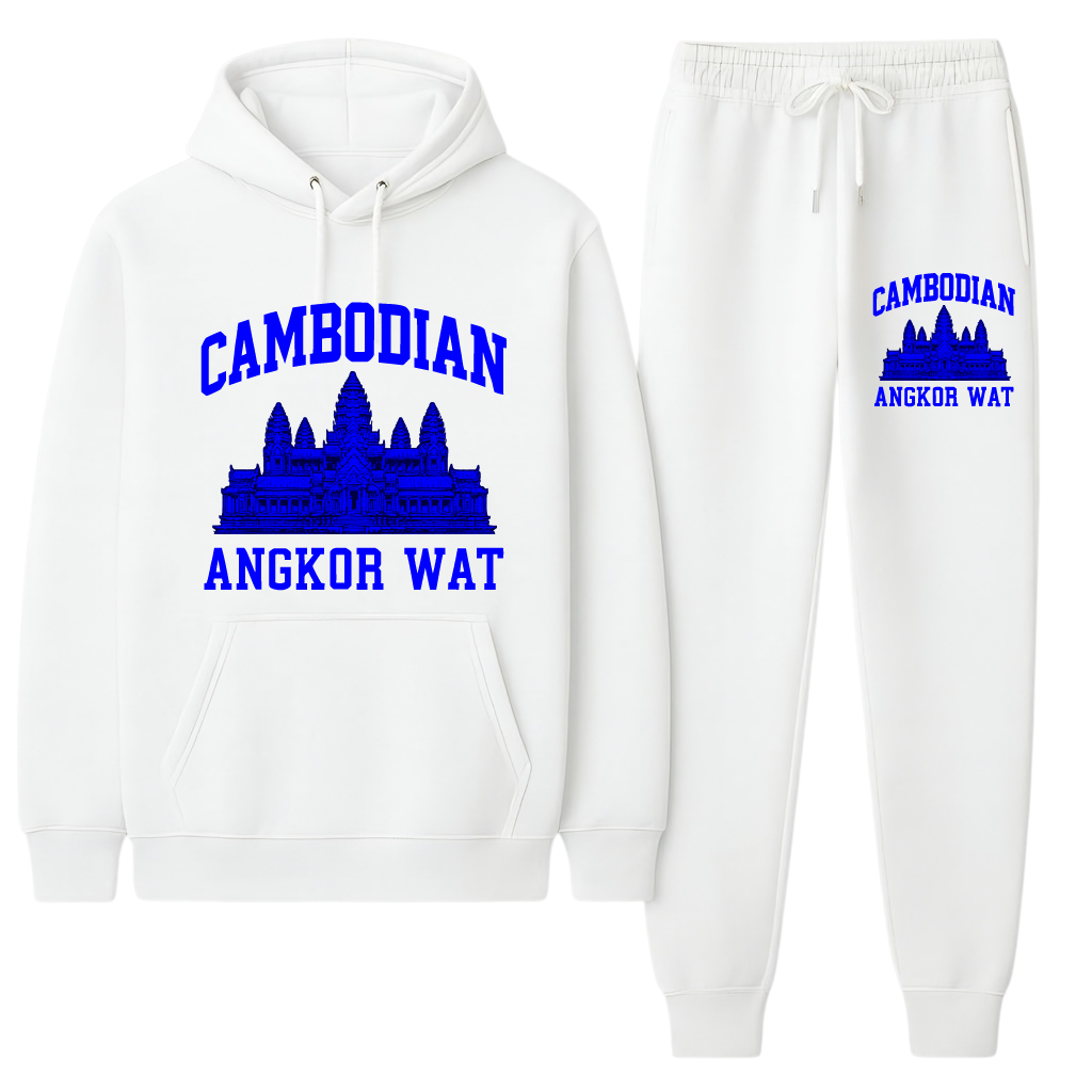 White hoodie and sweatpants set with blue Cambodian Angkor Wat design on a white background