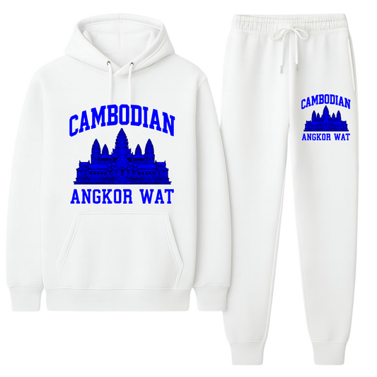 White hoodie and sweatpants set with blue Cambodian Angkor Wat design on a white background