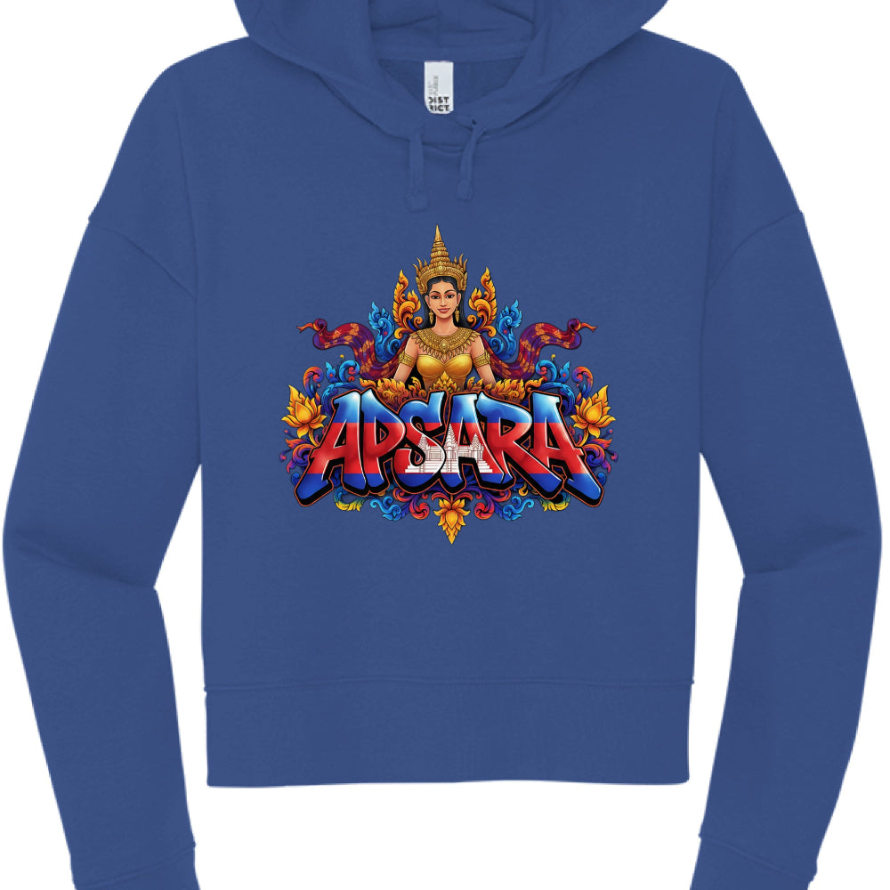 Blue hoodie with 'Apsara' design featuring a colorful figure and text on a white background