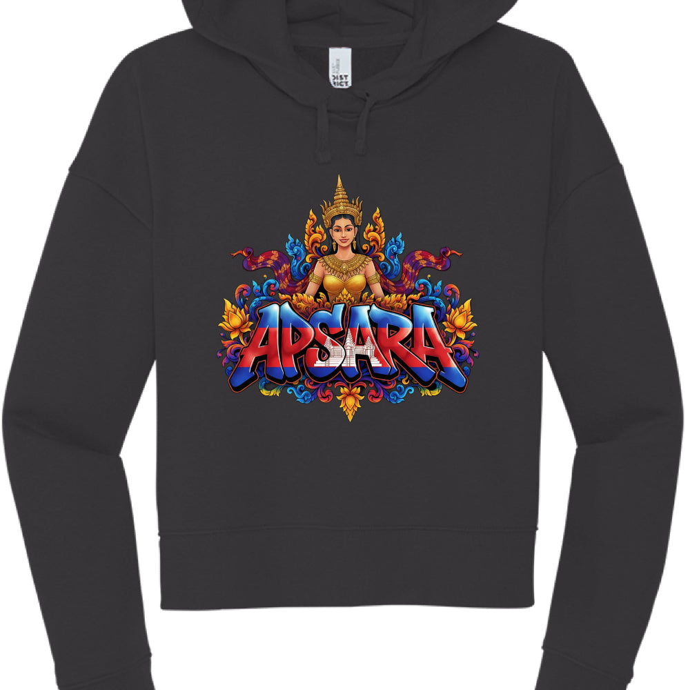 Black hoodie with colorful 'Apsara' design on a white background