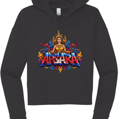 Black hoodie with colorful 'Apsara' design on a white background