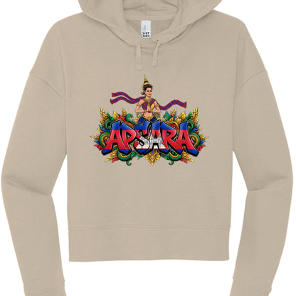 Beige hoodie with colorful 'Apsara' design on a white background
