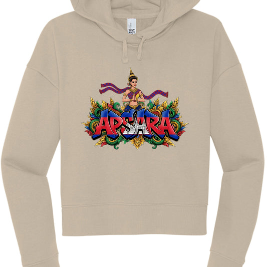 Beige hoodie with colorful 'Apsara' design on a white background