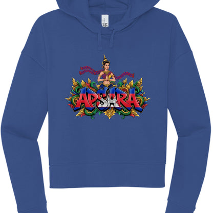 Blue hoodie with 'Apsara' design featuring a colorful figure and text on a white background