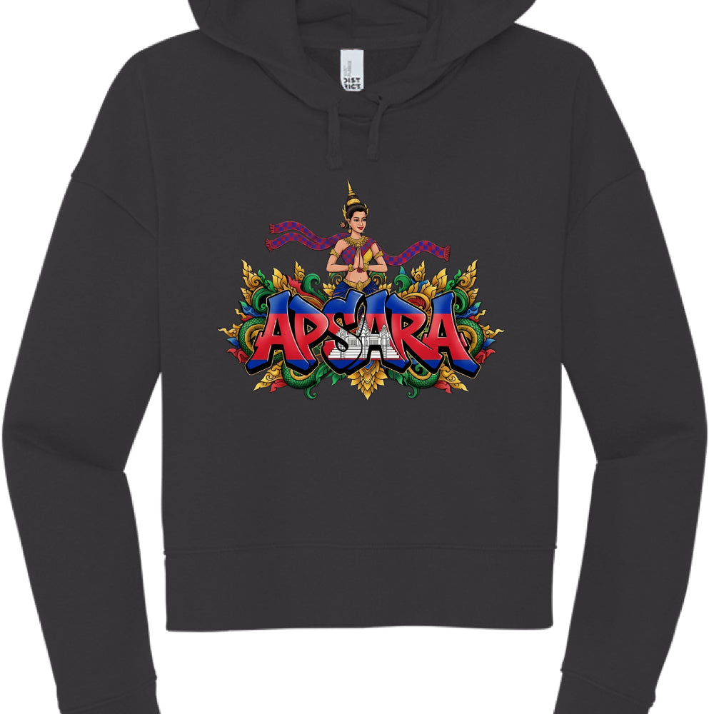 Black hoodie with colorful 'Apsara' design on a white background