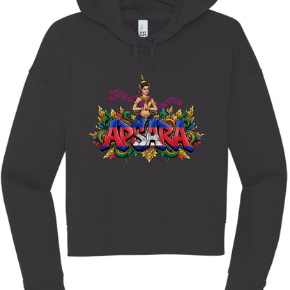 Black hoodie with colorful 'Apsara' design on a white background