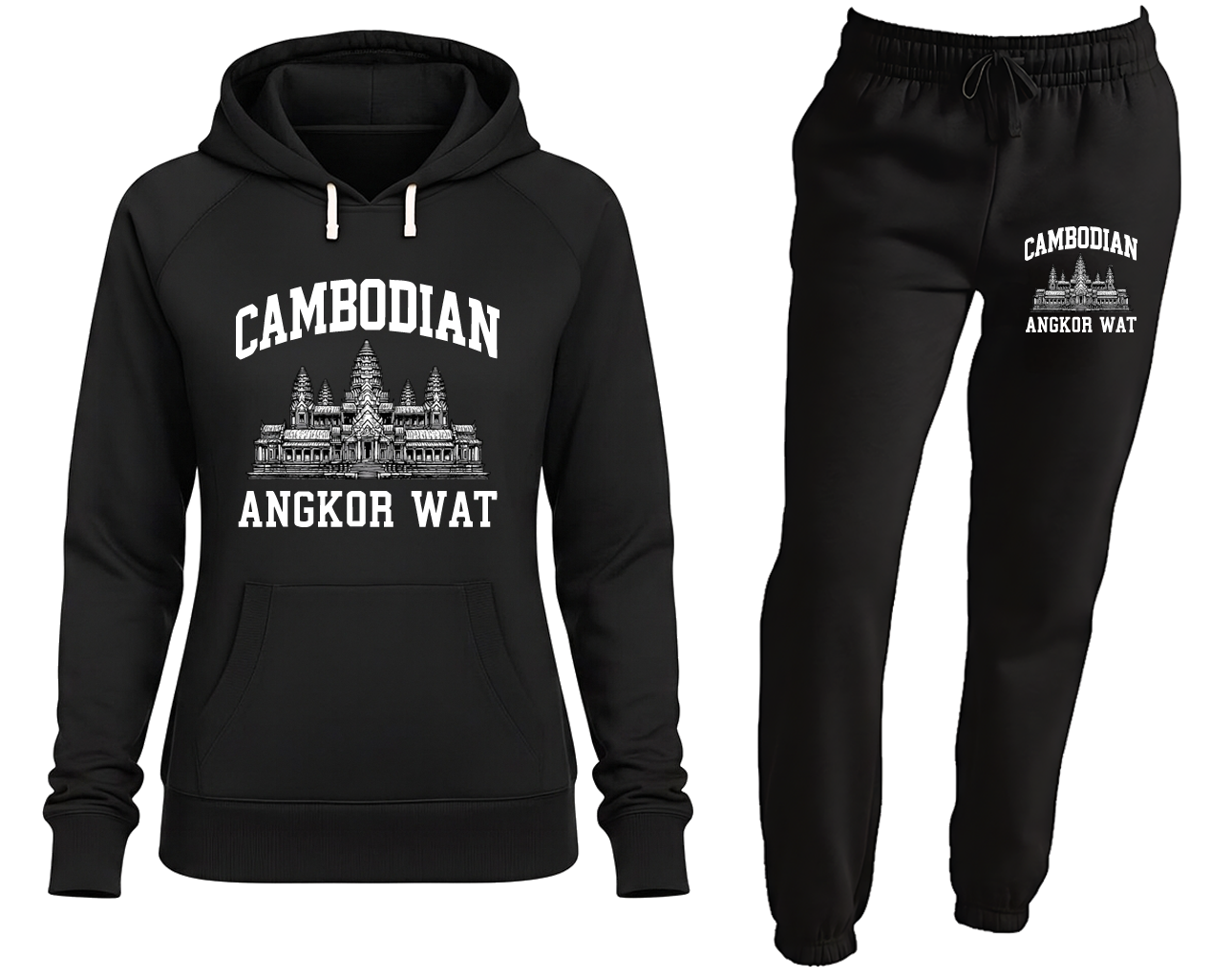 Black hoodie and pants set with 'Cambodian Angkor Wat' text and design on a white background