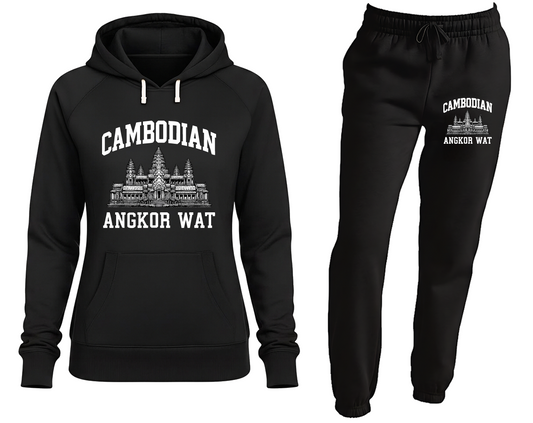 Black hoodie and pants set with 'Cambodian Angkor Wat' text and design on a white background