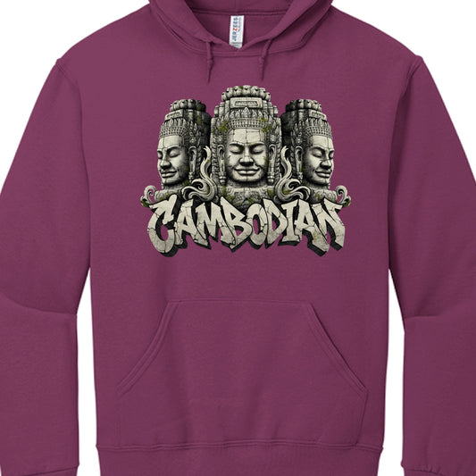 Purple hoodie with a graphic design of three stone faces and the word 'Cambodian' on a white background.