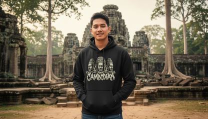 Person wearing a hoodie with 'Cambodian' text in front of Angkor Wat.