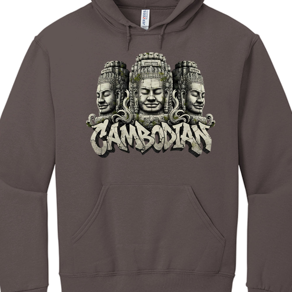 Brown hoodie with 'Cambodian' design featuring three faces on a white background