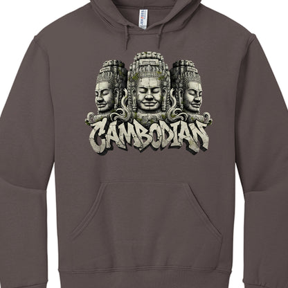 Brown hoodie with 'Cambodian' design featuring three faces on a white background