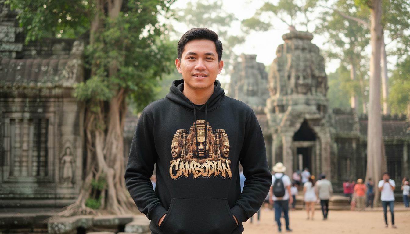 Man wearing a black hoodie with a Cambodian design in front of Angkor Wat.