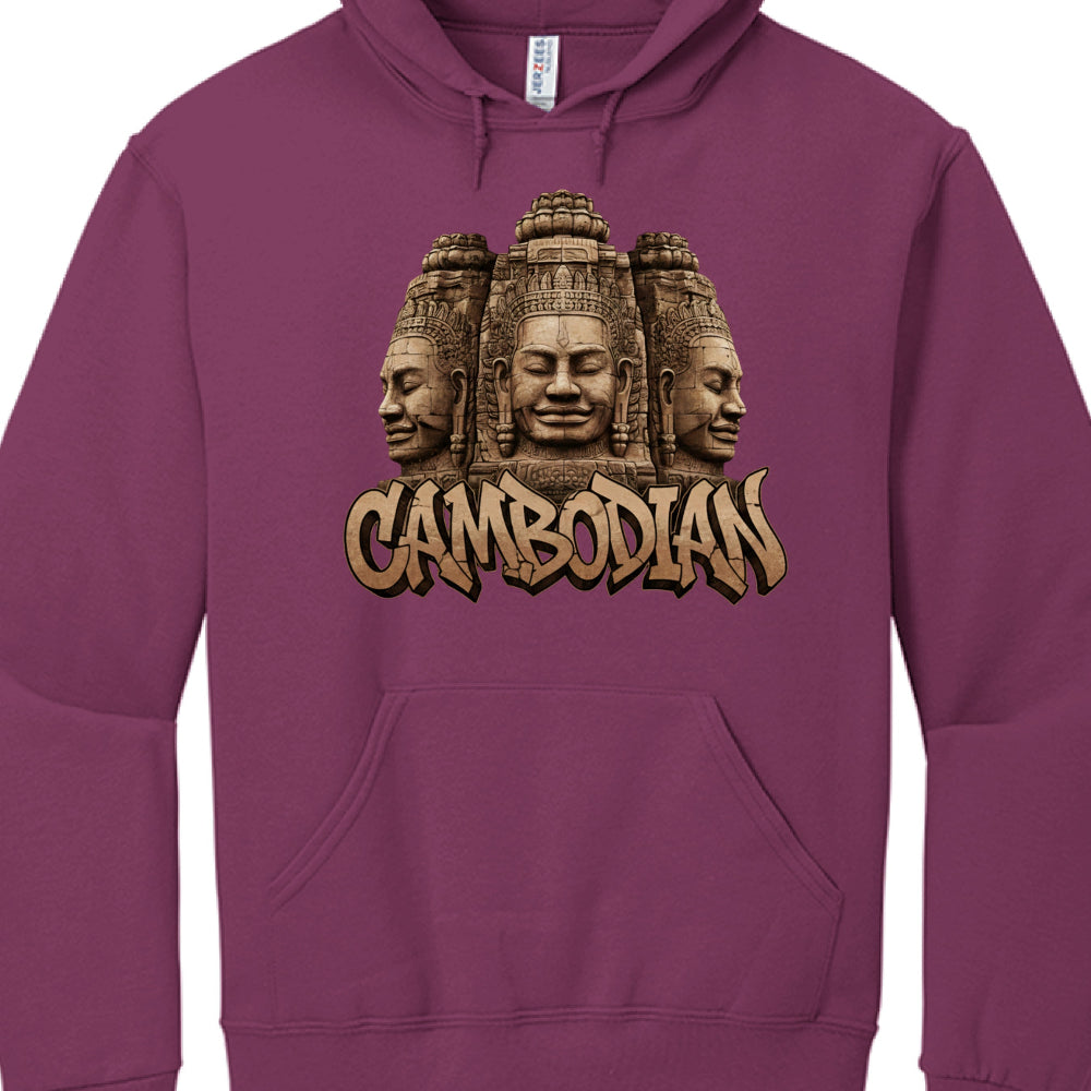 Purple hoodie with a Cambodian-themed design featuring three faces and the word 'Cambodian'.