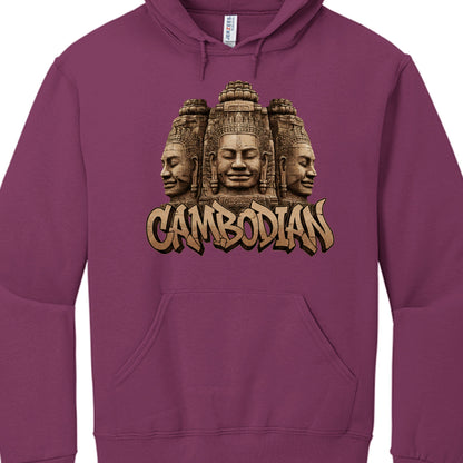 Purple hoodie with a Cambodian-themed design featuring three faces and the word 'Cambodian'.