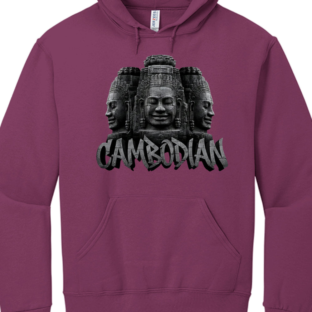 Purple hoodie with a graphic design of three faces and the word 'Cambodian' on a white background