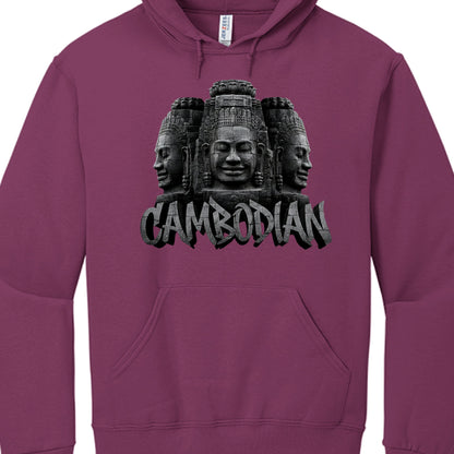 Purple hoodie with a graphic design of three faces and the word 'Cambodian' on a white background