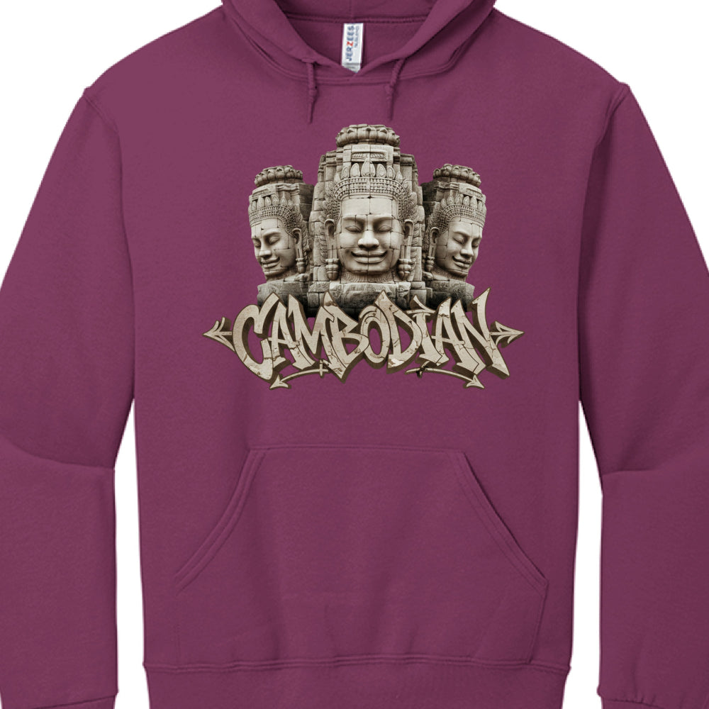 Purple hoodie with a design of three faces and 'Cambodian' text on a white background
